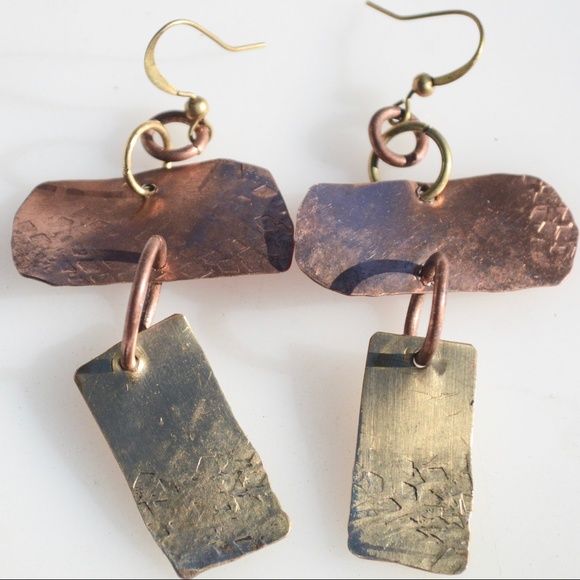 Brutalist Earrings Copper Brass Rustic Statement - Picture 2 of 8